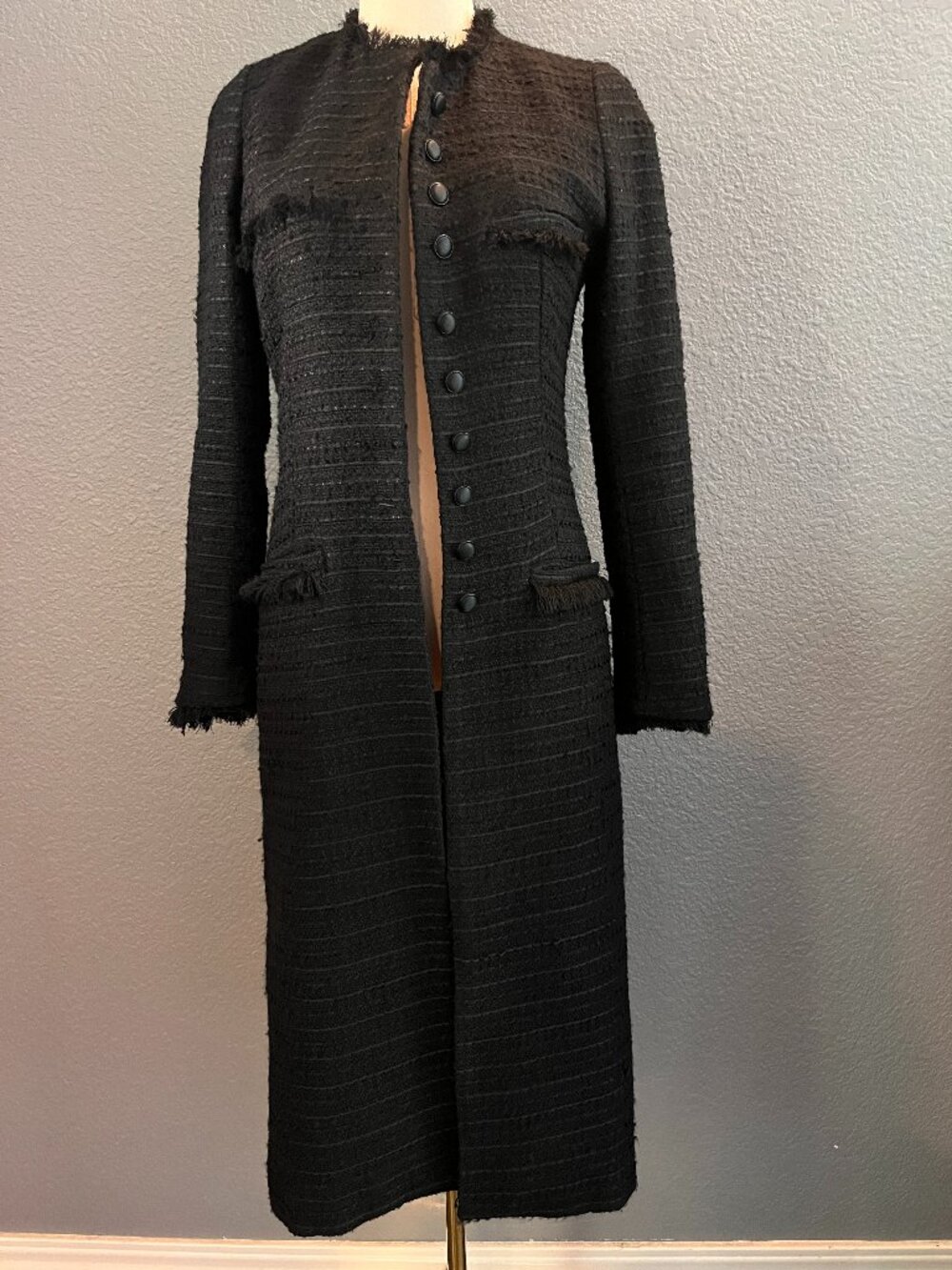 ZARA Black Textured Boucle Tweed Longline Coat Military Frayed Trim Chanel Style